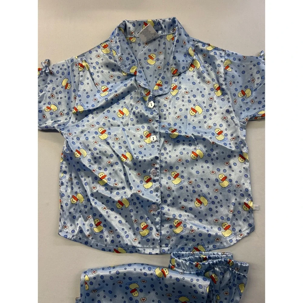 Vintage Y2K OshKosh B'gosh Kids Blue Satin Rubber Duck Pajama Set Size 8/10